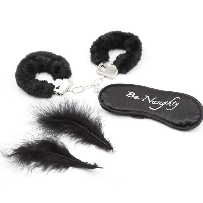 Banoch Bondage Naughty Black zwarte handboeien blindoekje en veren 987101680 1