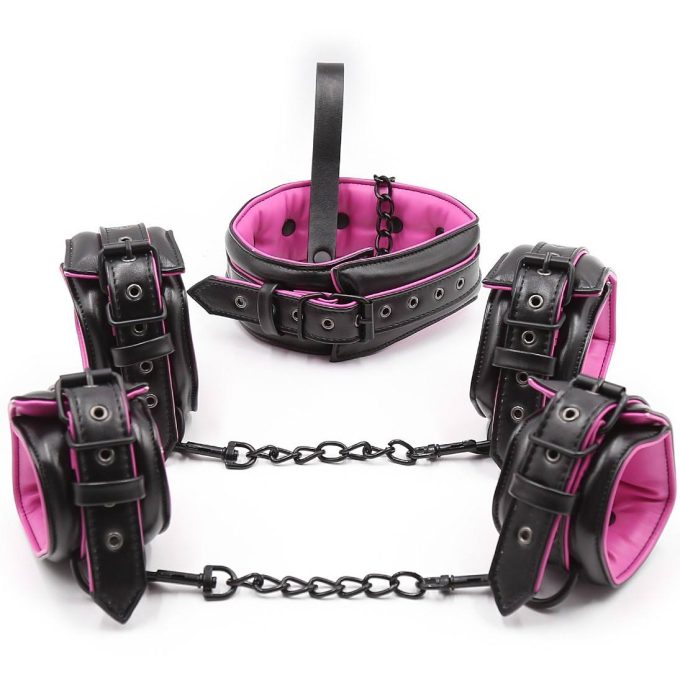 Banoch Bondageset Hot Pink halsbandriem handboeien en enkelbanden pu Leer zwart roze 987101678 Banoch Bondageset Hot Pink halsbandriem handboeien en enkelbanden pu Leer zwart roze 987101678