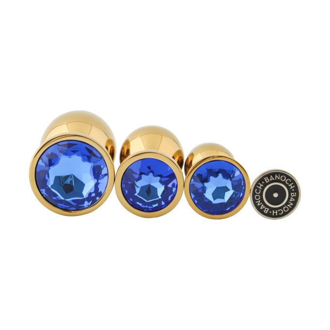 Banoch 3 maten gouden metalen Buttpluggen met blauwe Diamant maat smallmedium large. Aurora scaled scaled