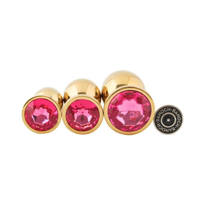 Banoch 3 maten gouden metalen Buttpluggen met donker roze Diamant maat smallmedium large. Aurora scaled scaled