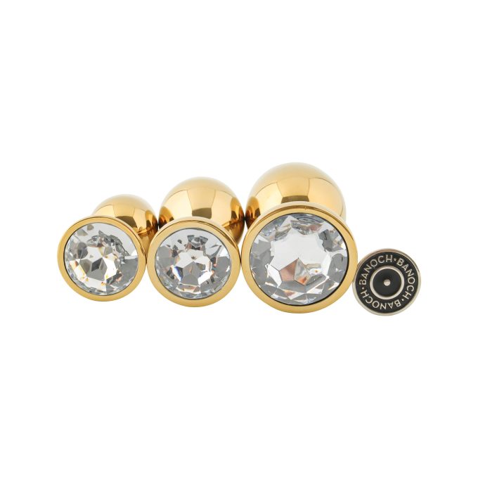 Banoch 3 maten gouden metalen Buttpluggen met doorzichtige Diamant maat smallmedium large. Aurora scaled scaled