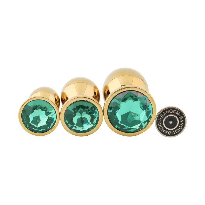 Banoch 3 maten gouden metalen Buttpluggen met groene Diamant maat smallmedium large. Aurora scaled scaled