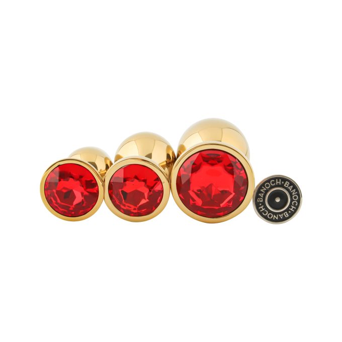 Banoch 3 maten gouden metalen Buttpluggen met rode Diamant maat smallmedium large. Aurora scaled scaled