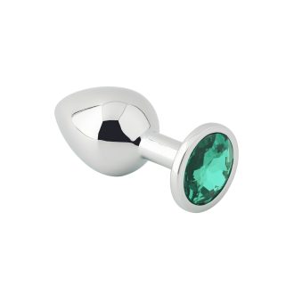 Banoch zilverkleurige metalen Buttplug met groene Diamant Aurora scaled scaled