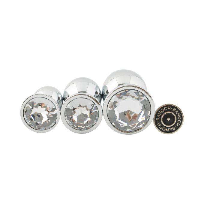 Banoch 3 maten zilveren metalen Buttpluggen met doorzichtige Diamant maat smallmedium large. Aurora scaled scaled