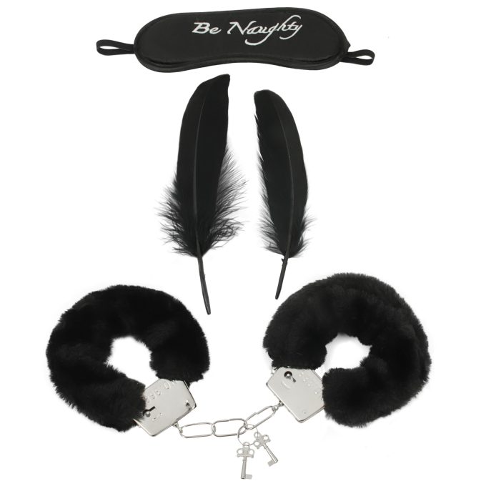 Banoch Bondage Naughty Black zwarte pluche handboeien blinddoek en streel veren 1 scaled scaled