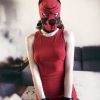 Banoch human puppy play model Darvinetta woman wearing red dress black cuffs and red neoprene dog mask scaled Banoch human puppy play model Darvinetta woman wearing red dress black cuffs and red neoprene dog mask scaled