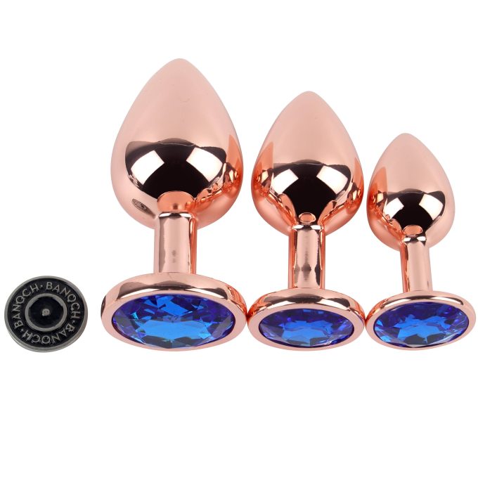 Banoch Buttplug set van metaal Aurora   rose goud blauwe steen (8)