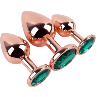Banoch Buttplug set van metaal Aurora   rose goud groene steen (10)