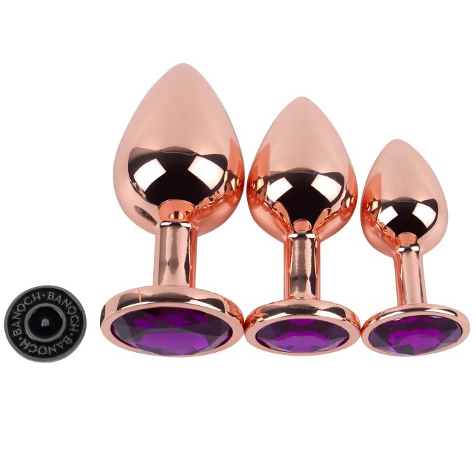 Banoch Buttplug set van metaal Aurora   rose goud paarse steen (8)