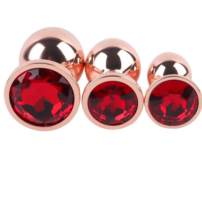 Banoch Buttplug set van metaal Aurora   rose goud rode steen (7)