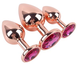 Banoch Buttplug set van metaal Aurora   rose goud roze steen (10)