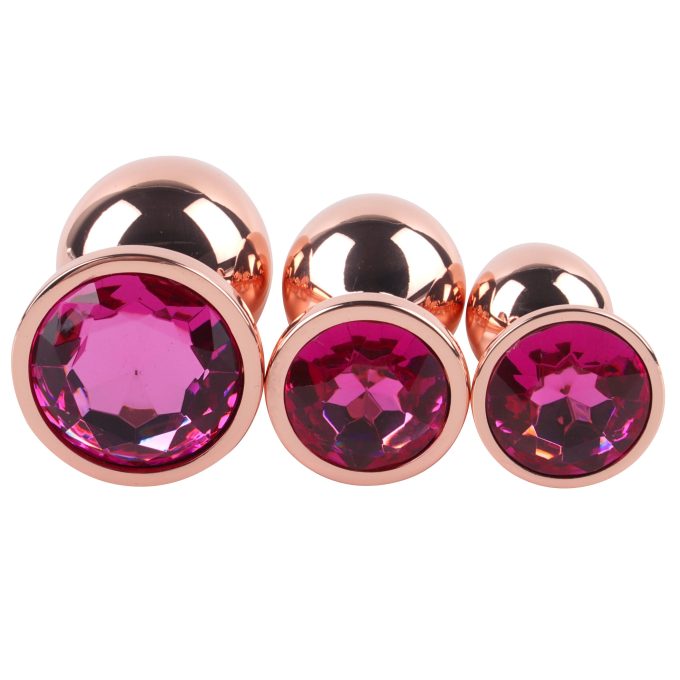 Banoch Buttplug set van metaal Aurora   rose goud roze steen (7)