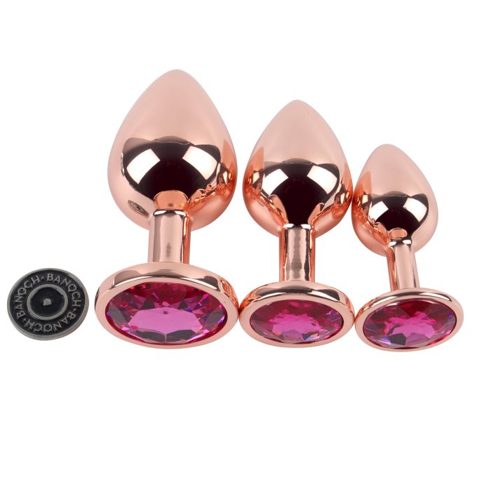 Banoch Buttplug set van metaal Aurora   rose goud roze steen (8)