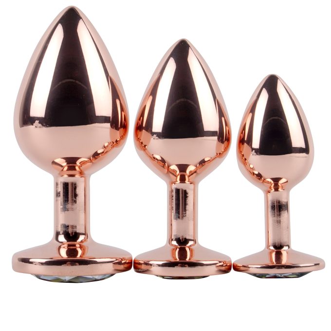 Banoch Buttplug set van metaal Aurora   rose goud zwarte steen (4)