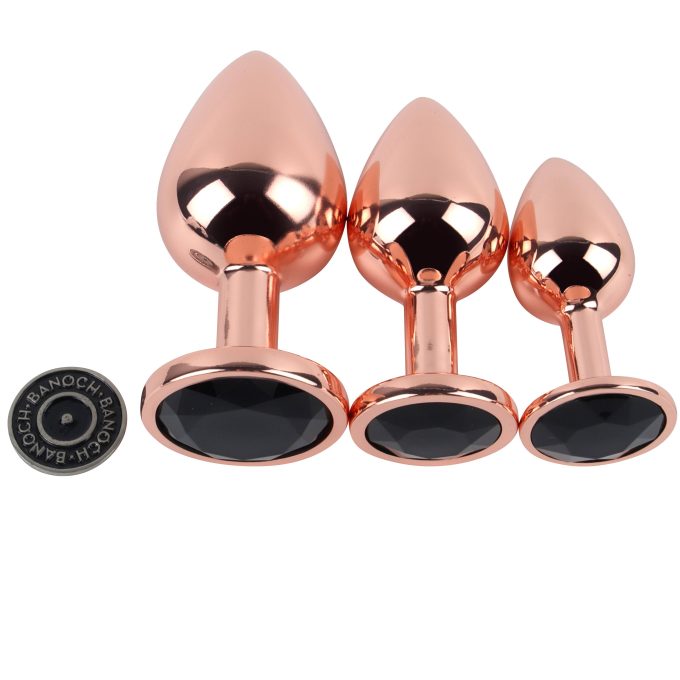 Banoch Buttplug set van metaal Aurora   rose goud zwarte steen (8)